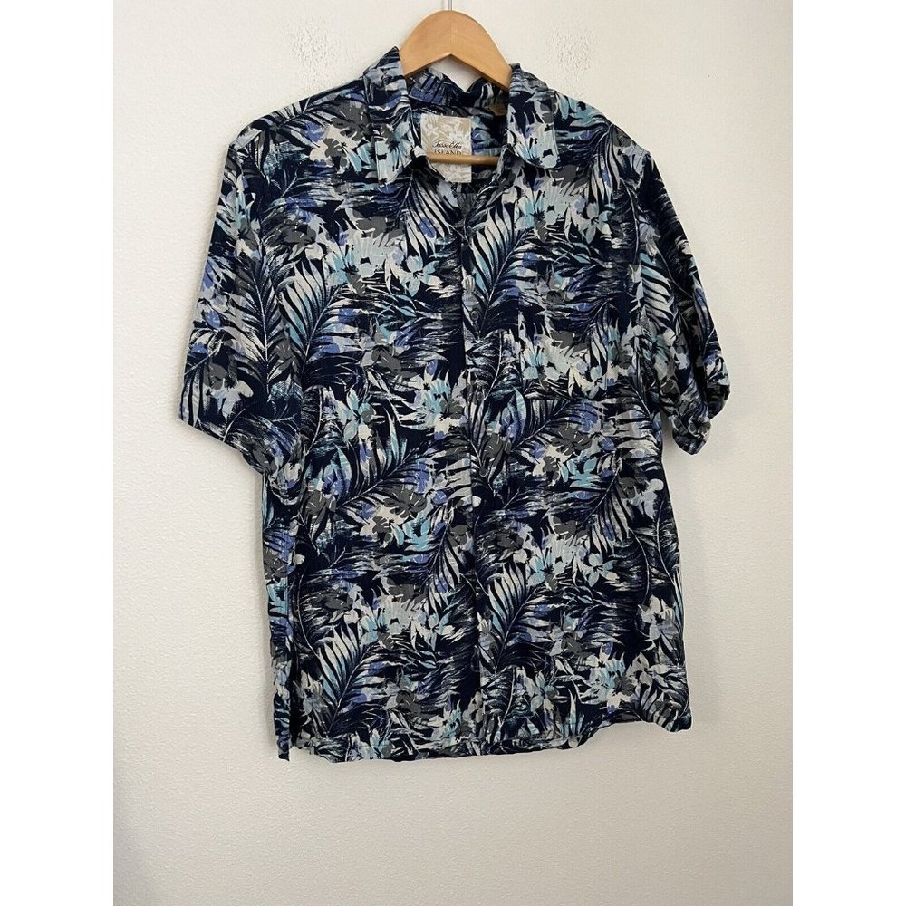 Tasso Elba Hawaiian Mens Button Down Shirt Size L Blue Floral Print Silk…